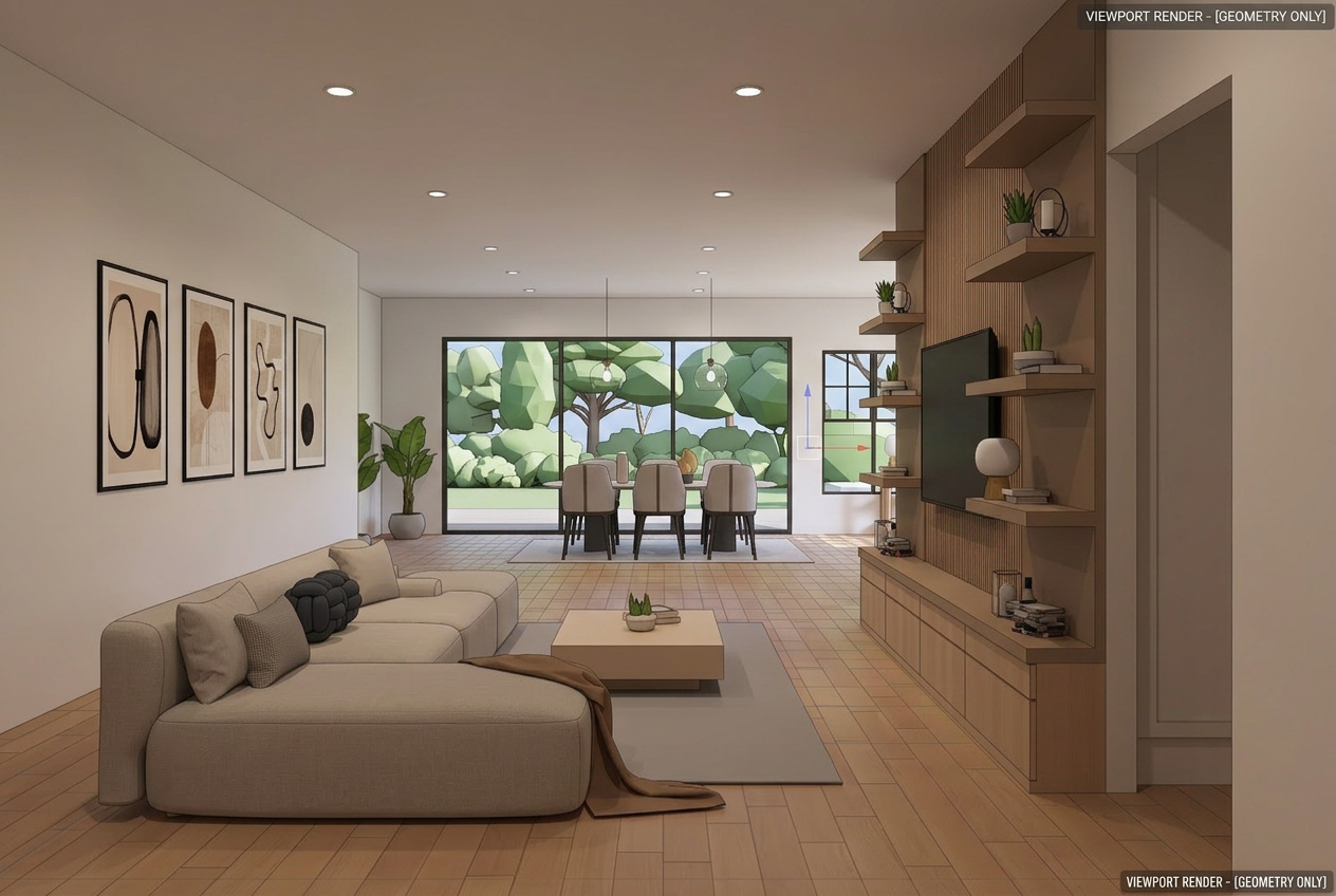 Untextured 3D viewport render of a modern living and dining interior with stylized geometry only