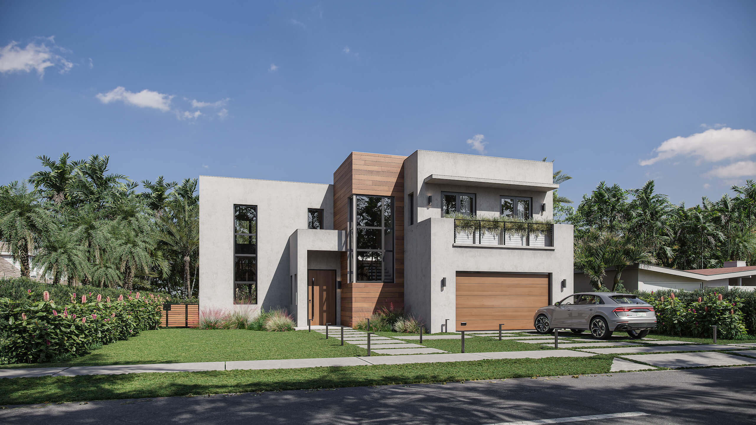 Static daytime architectural rendering of a contemporary two-story modern home with flat ambient lighting
